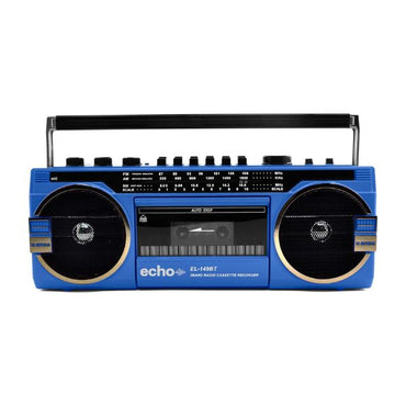 Echo Audio - Retro Blast Bluetooth Boombox, Portable Cassette Player Tape Recorder, 3 Band Radio, Voice Recorder, Headphone Jack, Supports USB and SD Cards - Blue
