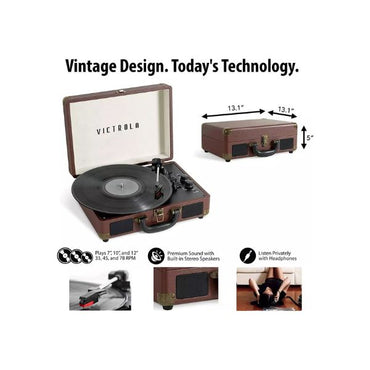 Victrola Journey+ Signature Turntable Record Player Bluetooth Vinyl Streaming 33-1/3, 45 & 78 RPM Suitcase Vinyl Record Player, Bluetooth Connectivity & Built-in Speakers, Stereo RCA Output (Dark Brown)
