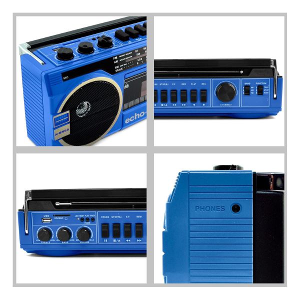 Echo Audio - Retro Blast Bluetooth Boombox, Portable Cassette Player Tape Recorder, 3 Band Radio, Voice Recorder, Headphone Jack, Supports USB and SD Cards - Blue