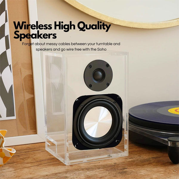 Steepletone Soho Clear Acrylic Vinyl Record Player, with Wireless Speakers 2 speed turntable with Counter Weight & AT-3600L Cartridge