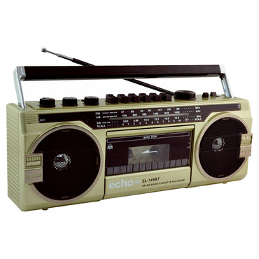 Echo Audio - Retro Blast Bluetooth Boombox, Portable Cassette Player Tape Recorder, 3 Band Radio, Voice Recorder, Headphone Jack, Supports USB and SD Cards - Gold