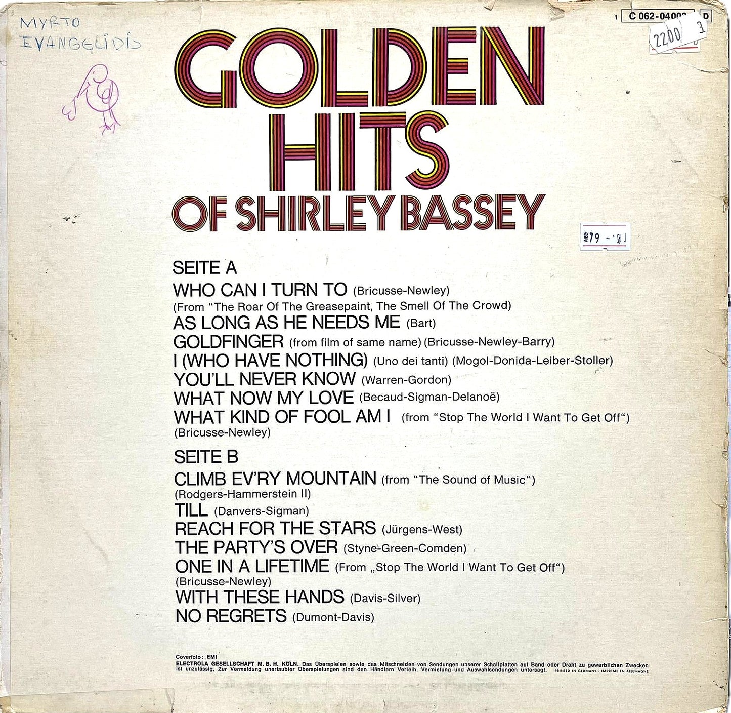 Shirley Bassey - Golden Hits Of Shirley Bassey - LP (Used Vinyl)(Writing's on cover)