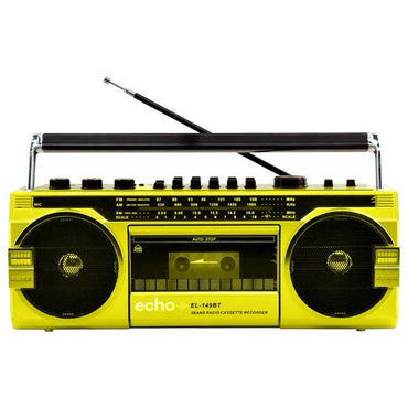 Echo Audio - Retro Blast Bluetooth Boombox, Portable Cassette Player Tape Recorder, 3 Band Radio, Voice Recorder, Headphone Jack, Supports USB and SD Cards - Yellow