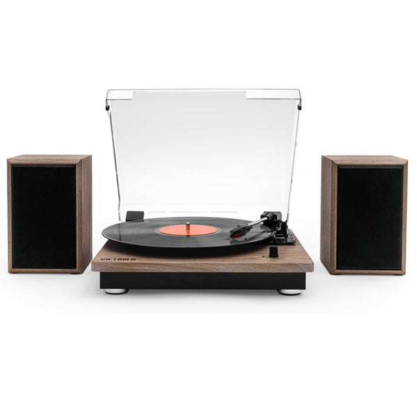 Victrola Montauk Vinyl Record Player, Oak Finish, 3-Speed Belt Driven Turntable with Stereo Bluetooth Speaker Pair, RCA Output and 3.5mm Headphone Jack, Removable Dust Cover