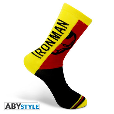 Ironman Face/Text Design Marvel Licensed Yellow, Red & Black Unisex One Size Fits All Crew Socks (One Pair)