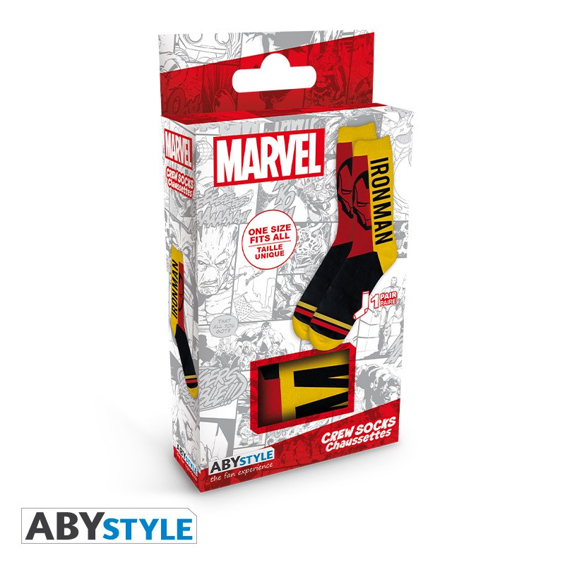 Ironman Face/Text Design Marvel Licensed Yellow, Red & Black Unisex One Size Fits All Crew Socks (One Pair)
