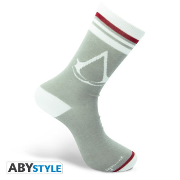 Valhalla Crest Design Assasin's Creed Licensed Grey & White Unisex One Size Fits All Crew Socks (One Pair)