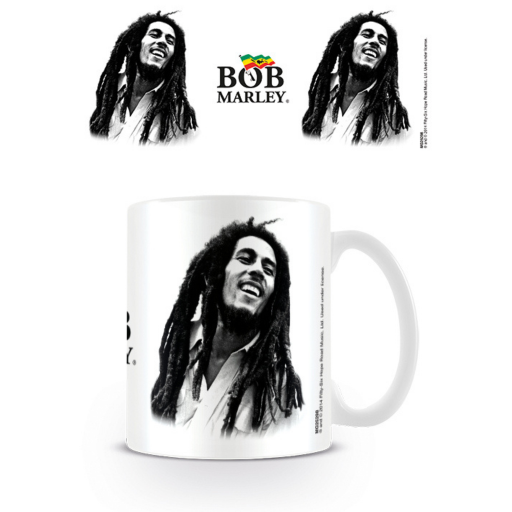 Bob Marley Sketched Black & White Portrait with Black Font Logo Artwork White Mug