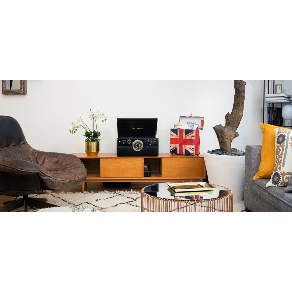 Victrola The Empire VTA-270B 6-in-1 Wood Bluetooth Mid Century Record Player with 3-Speed Turntable, CD, Cassette Player and Radio Music Centre