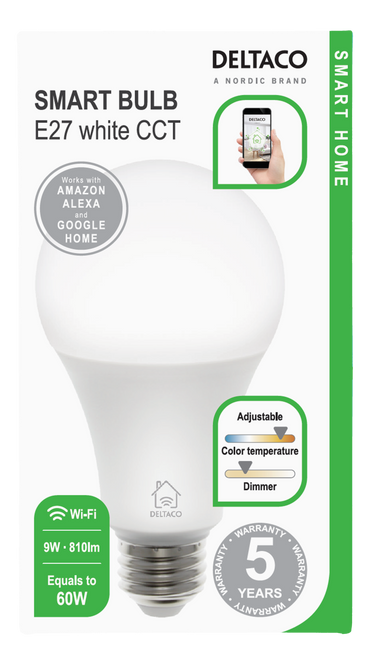 Deltaco Smart Home LED SH-LE27W , E27, 9W, Wi-Fi 2.GHz White CCT Smart Bulb