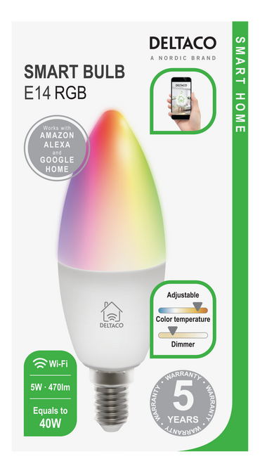 Deltaco Smart Home LED SH-LE14RGB , E14, 5W, Wi-Fi 2.GHz RGB and White CCT Smart Bulb