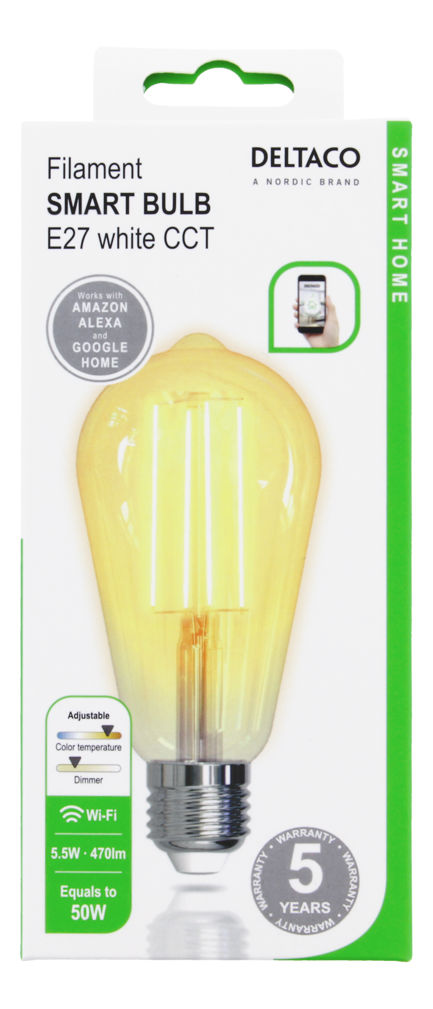 Deltaco Smart Home LED SH-LFE27ST64 ST64, E27, 5.5W, Wi-Fi 2.GHz White CCT Smart Bulb
