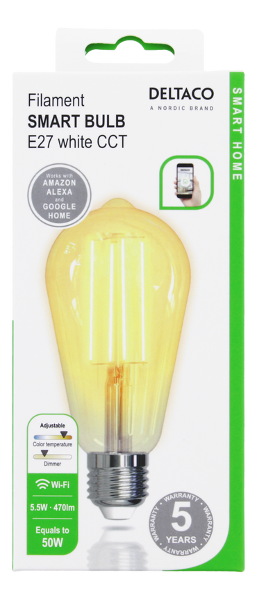 Deltaco Smart Home LED SH-LFE27ST64 ST64, E27, 5.5W, Wi-Fi 2.GHz White CCT Smart Bulb