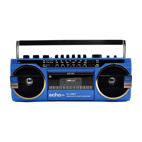 Echo Audio - Retro Blast Bluetooth Boombox, Portable Cassette Player Tape Recorder, 3 Band Radio, Voice Recorder, Headphone Jack, Supports USB and SD Cards - Blue