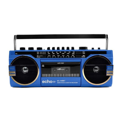 Echo Audio - Retro Blast Bluetooth Boombox, Portable Cassette Player Tape Recorder, 3 Band Radio, Voice Recorder, Headphone Jack, Supports USB and SD Cards - Blue