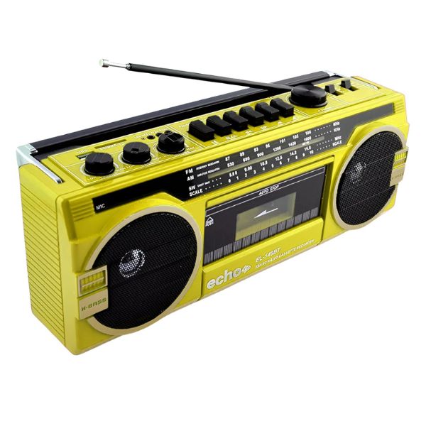 Echo Audio - Retro Blast Bluetooth Boombox, Portable Cassette Player Tape Recorder, 3 Band Radio, Voice Recorder, Headphone Jack, Supports USB and SD Cards - Yellow