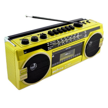 Echo Audio - Retro Blast Bluetooth Boombox, Portable Cassette Player Tape Recorder, 3 Band Radio, Voice Recorder, Headphone Jack, Supports USB and SD Cards - Yellow