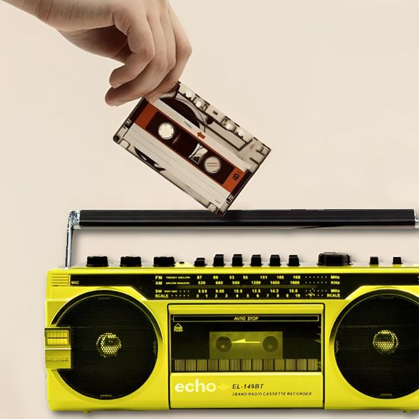 Echo Audio - Retro Blast Bluetooth Boombox, Portable Cassette Player Tape Recorder, 3 Band Radio, Voice Recorder, Headphone Jack, Supports USB and SD Cards - Yellow