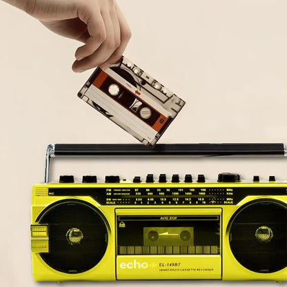 Echo Audio - Retro Blast Bluetooth Boombox, Portable Cassette Player Tape Recorder, 3 Band Radio, Voice Recorder, Headphone Jack, Supports USB and SD Cards - Yellow