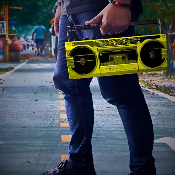 Echo Audio - Retro Blast Bluetooth Boombox, Portable Cassette Player Tape Recorder, 3 Band Radio, Voice Recorder, Headphone Jack, Supports USB and SD Cards - Yellow