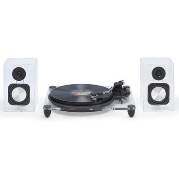 Steepletone Soho Clear Acrylic Vinyl Record Player, with Wireless Speakers 2 speed turntable with Counter Weight & AT-3600L Cartridge