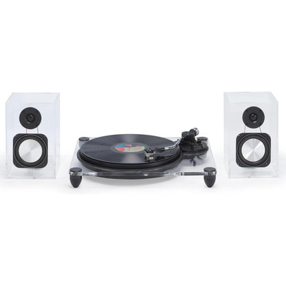 Steepletone Soho Clear Acrylic Vinyl Record Player, with Wireless Speakers 2 speed turntable with Counter Weight & AT-3600L Cartridge