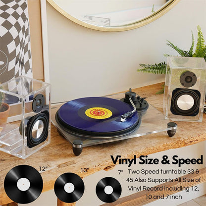 Steepletone Soho Clear Acrylic Vinyl Record Player, with Wireless Speakers 2 speed turntable with Counter Weight & AT-3600L Cartridge
