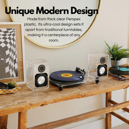 Steepletone Soho Clear Acrylic Vinyl Record Player, with Wireless Speakers 2 speed turntable with Counter Weight & AT-3600L Cartridge