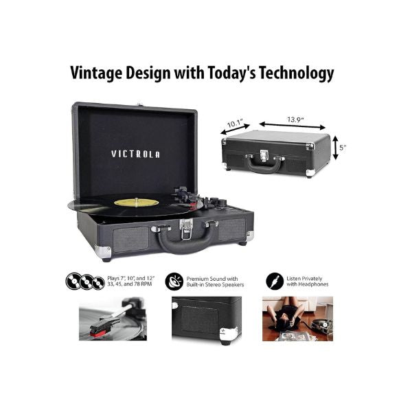 Victrola Journey+ Signature Turntable Record Player Bluetooth Vinyl Streaming 33-1/3, 45 & 78 RPM Suitcase Vinyl Record Player, Bluetooth Connectivity & Built-in Speakers, Stereo RCA Output (Grey)