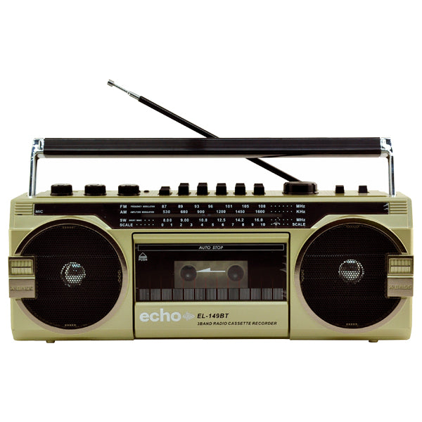 Echo Audio - Retro Blast Bluetooth Boombox, Portable Cassette Player Tape Recorder, 3 Band Radio, Voice Recorder, Headphone Jack, Supports USB and SD Cards - Gold