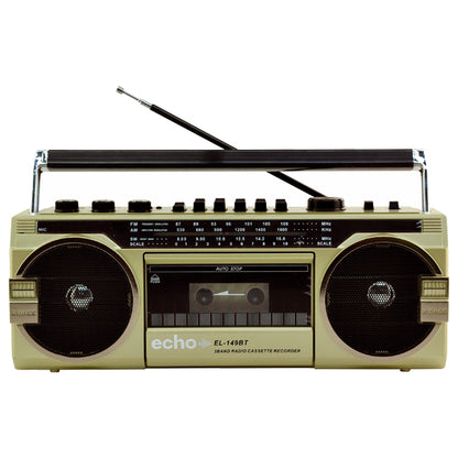 Echo Audio - Retro Blast Bluetooth Boombox, Portable Cassette Player Tape Recorder, 3 Band Radio, Voice Recorder, Headphone Jack, Supports USB and SD Cards - Gold