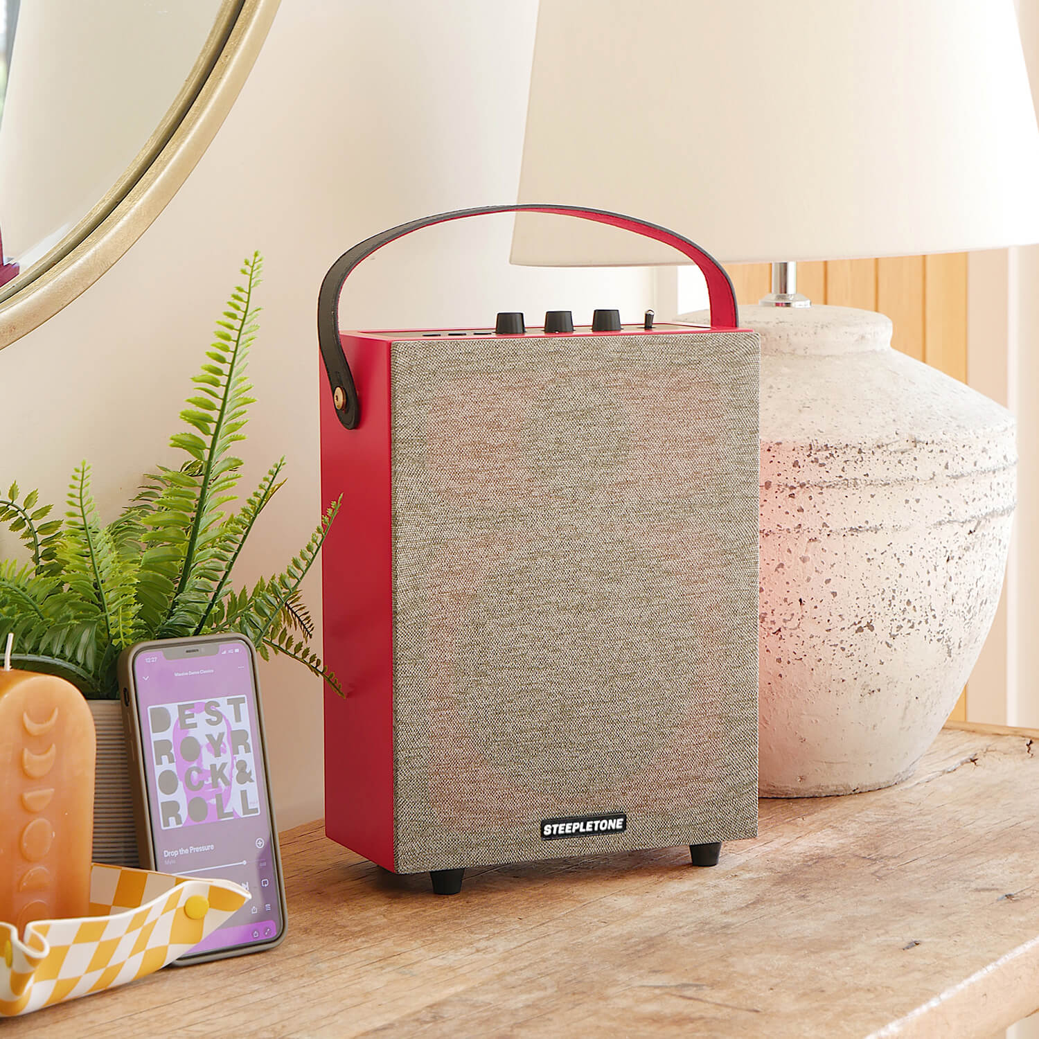 Steepletone Redefy Red - Colourful And Powerful 50watt Bluetooth Speaker, With Detachable Fabric Cover. Tone And Base Control. Tws Function. Shop now in UAE