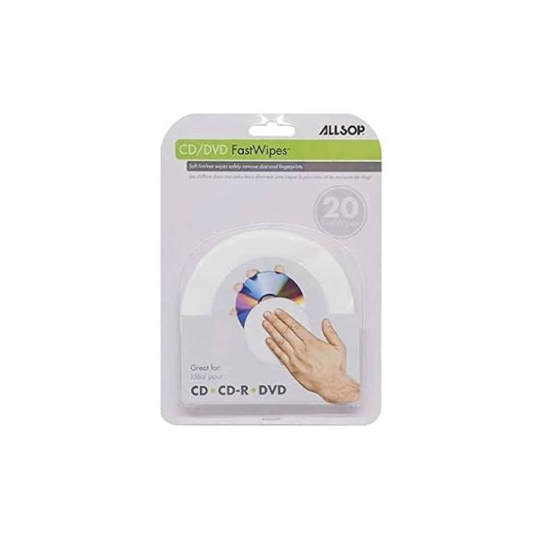 مناديل تنظيف الأقراص المدمجة/أقراص الفيديو الرقمية Allsop 50100 Fastwipes خالية من الوبر، عبوة من 20 قطعة