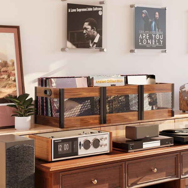 Echo Audio Vinyl Record Storage Crate, LP Collection Organizer Box Made of Plywood and Metallic Mesh, Carry Handles, 65 Records Storage Capacity, Ideal Home Decor