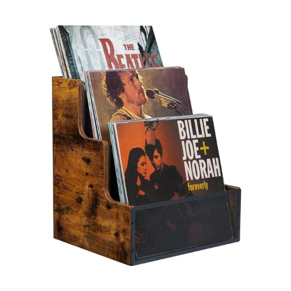 Echo Audio Tabletop Vinyl Record Storage - Stepped 3 Tier LP Crate with Metal Grid, Wooden Album Organizer Box, Holds 70 Records, Rustic Brown and Black - for Living Room, Bedroom, Study