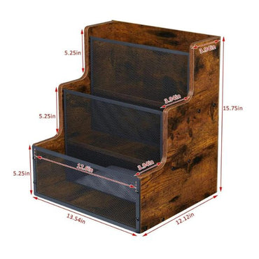 Echo Audio Tabletop Vinyl Record Storage - Stepped 3 Tier LP Crate with Metal Grid, Wooden Album Organizer Box, Holds 70 Records, Rustic Brown and Black - for Living Room, Bedroom, Study