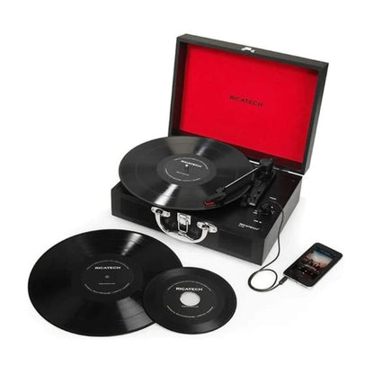 Ricatech RTT20 Turntable, Lightweight Portable Record Player With Speakers, Three Speed, Supports RCA Output, Headphone Jack, MP3 Playback. Exquisite Suitcase Style Vinyl Player (Black)