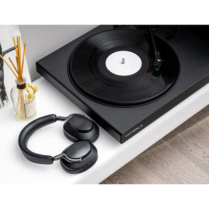 Victrola Hi-Res Black Vinyl Record Player, Audio Technica AT-VM95E Cartridge, Stylish Sleek Bluetooth Turntable