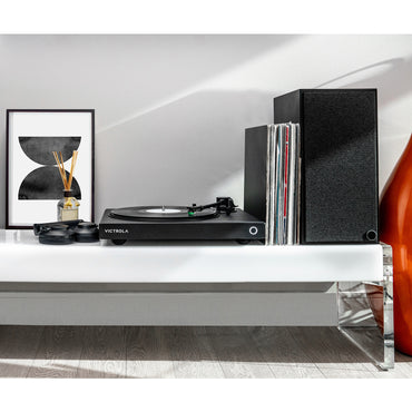 Victrola Hi-Res Black Vinyl Record Player, Audio Technica AT-VM95E Cartridge, Stylish Sleek Bluetooth Turntable
