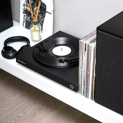Victrola Hi-Res Black Vinyl Record Player, Audio Technica AT-VM95E Cartridge, Stylish Sleek Bluetooth Turntable