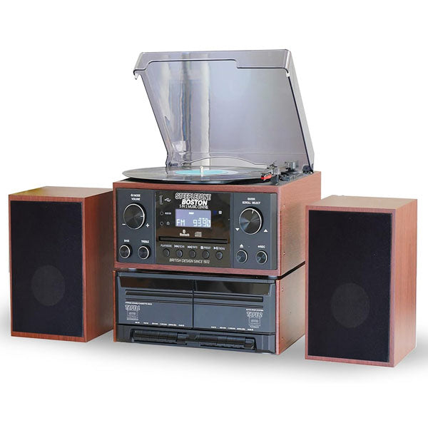 Steepletone BOSTON Black 5 in 1 Music Centre, Bluetooth Vinyl Record Player, Turntable with CD, Cassette, FM Radio and Aux in, USB MP3 playback & Encoding, Remote Control, Standalone Stereo Speakers. Now available online in uae

