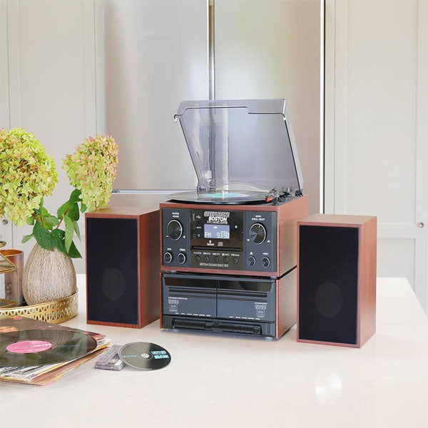 Steepletone BOSTON Black 5 in 1 Music Centre, Bluetooth Vinyl Record Player, Turntable with CD, Cassette, FM Radio and Aux in, USB MP3 playback & Encoding, Remote Control, Standalone Stereo Speakers. Shop now in cavo online store