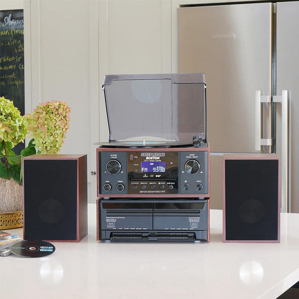 Steepletone BOSTON Black 5 in 1 Music Centre, Bluetooth Vinyl Record Player, Turntable with CD, Cassette, FM Radio and Aux in, USB MP3 playback & Encoding, Remote Control, Standalone Stereo Speakers. Buy now music store dubai