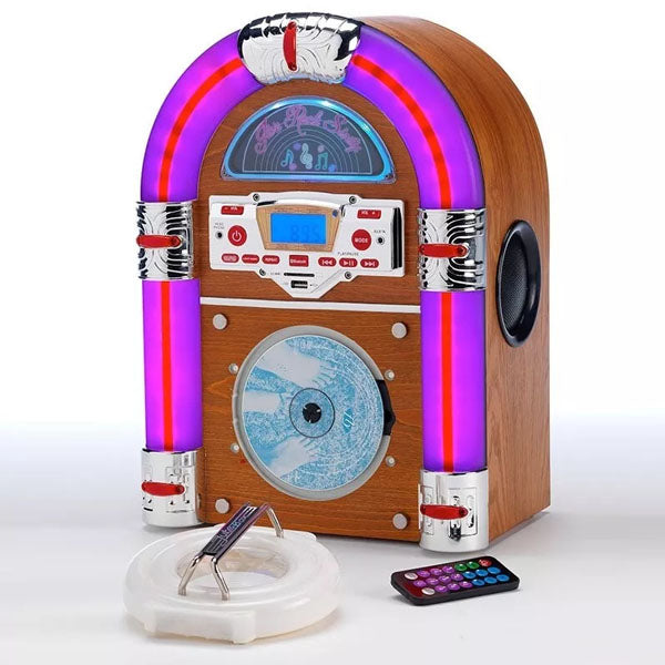 Steepletone Bluetooth Jukebox USB CD Player LED SD MP3 Tabletop Wurlitzer Style