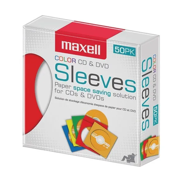 Maxell 190134 CD-401 CD/DVD Paper Sleeve - Clear Window 50 Pk (Assorted Colors)