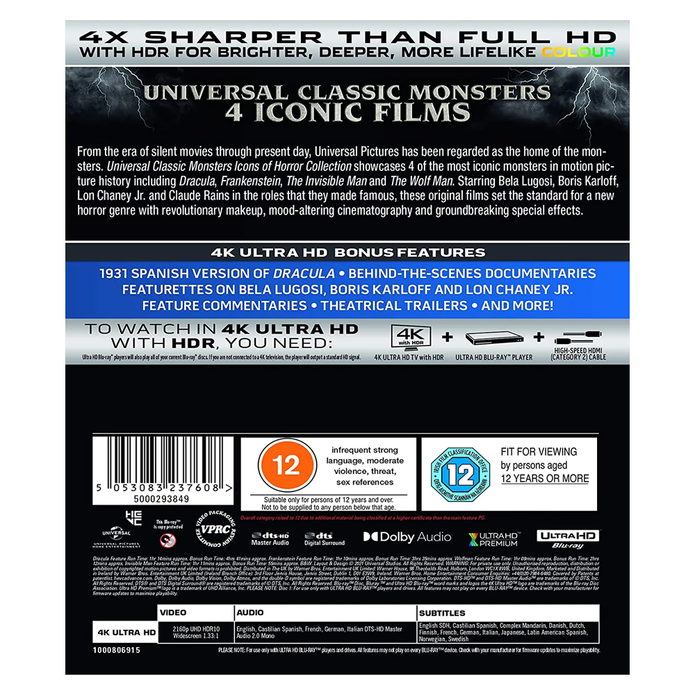 Universal Classic Monsters - Icons Of Horror Collection (4 Disc) - Blu Ray - 4K