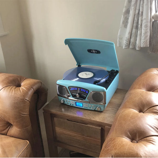 Steepletone Roxy 4 1960 Retro Style Record Player 4-in-1 Music Centre Gloss Blue