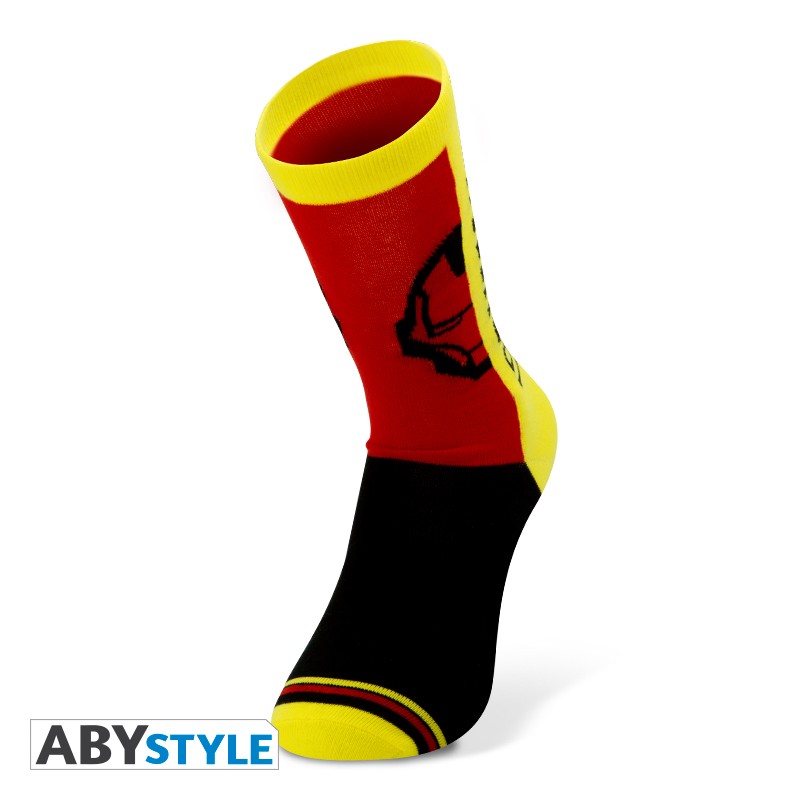 Ironman Face/Text Design Marvel Licensed Yellow, Red & Black Unisex One Size Fits All Crew Socks (One Pair)