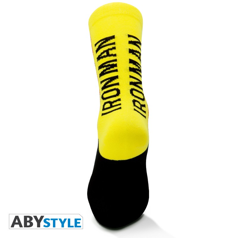 Ironman Face/Text Design Marvel Licensed Yellow, Red & Black Unisex One Size Fits All Crew Socks (One Pair)