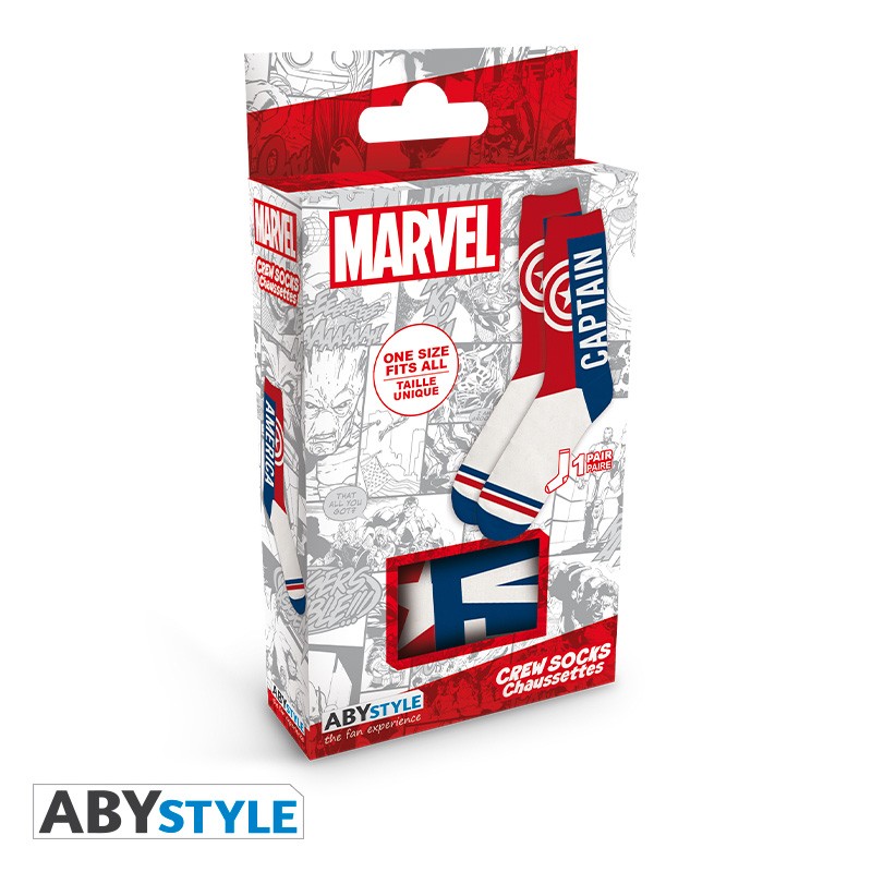 Captain America Shield/Text Design Marvel Licensed Blue, Red & White Unisex One Size Fits All Crew Socks (One Pair)